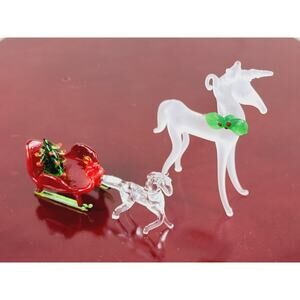 Christmas Glass Tree Ornament Unicorn Red Sleight 3" Frosted 80s x2 Vtg